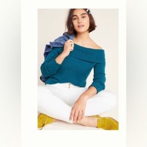 ANTHROPOLOGIE Shelby Off The Shoulder Sweater Soft Knit Solid Coastal